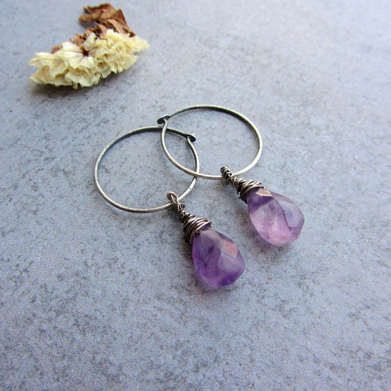 Oxidized Sterling Silver Hoop Earrings With A Purple Amethyst Teardrop Gemstones.