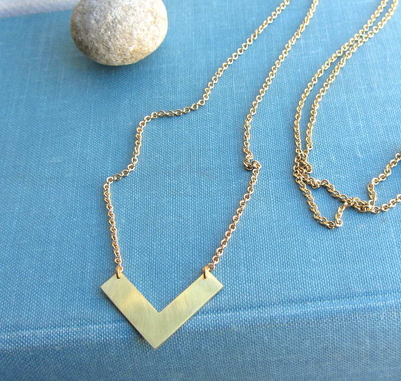 Gold Raw Brass Chevron Arrow Long Necklace, Geometric Jewelry, Minimalist Jewelry