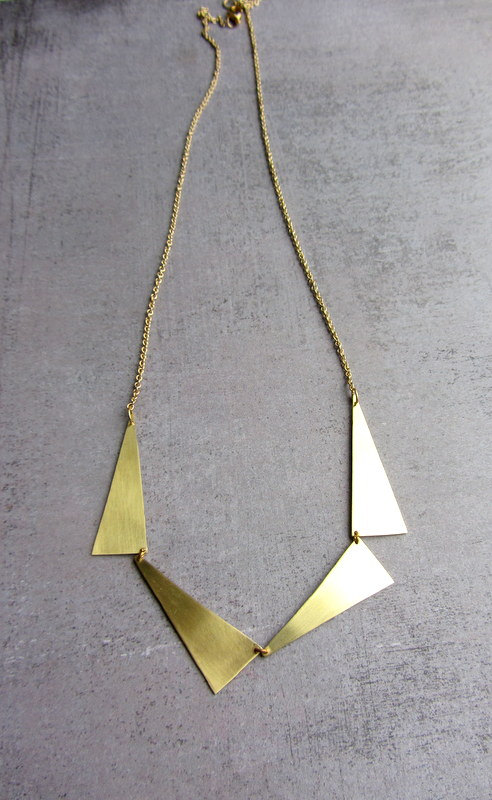 Geometric Triangles Gold Brass Long Necklace. Gold Plated Chain. Four Triangles