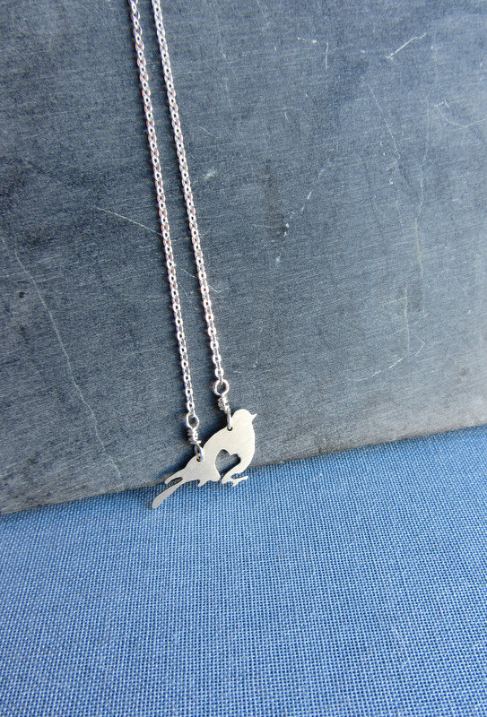 Sterling Silver Bird And Heart Necklace. Valentines Day Love Pendant