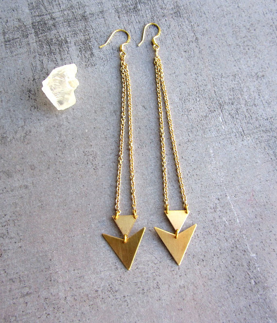 Triangle Gold Brass Long Earrings, Geometric Jewelry, Arrow, Chevron,