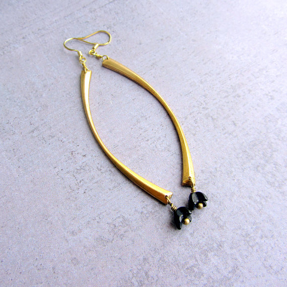 Gold Brass Dangle Long Earrings With Vintage Glass Black Flowers