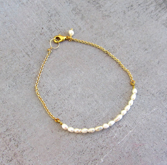 Gold Pearl Bracelet, Simple Dainty Charm Bracelet, Wedding Jewelry Bridesmaid Gift