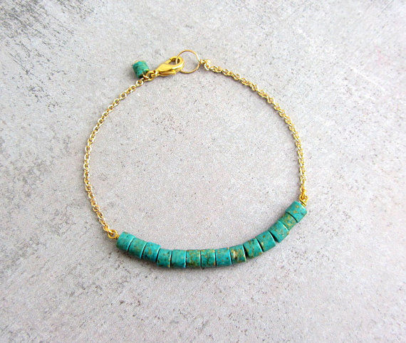 Gold Chain Bracelet With Turquoise Stones, Simple Dainty Beaded Charm Bracelet, Birthstone Bracelet