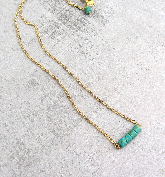 Gold Necklace With Blue Turquoise Stones, Simple Tiny Necklace, Dainty Birthstone Necklace.