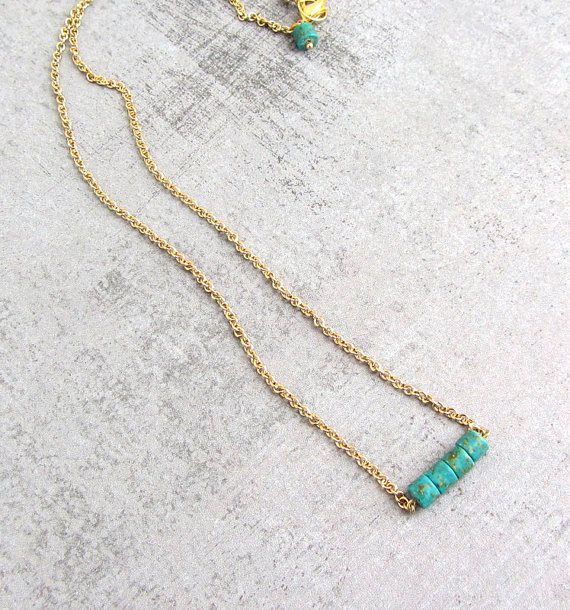 Gold Necklace With Blue Turquoise Stones, Simple Tiny Necklace, Dainty