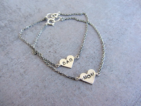 Sterling Silver Chain Love Bracelets, Mom And Dad Heart Charm. Pair