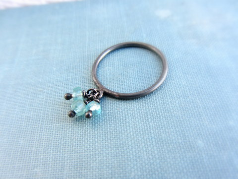 Oxidized Sterling Silver Charm Ring With Blue Aquamarine Gemstones.